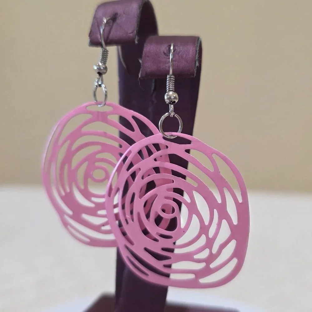 Beautiful Spring Flowers Light Pink Open Work Metal Rose Flower Dangle Earrings